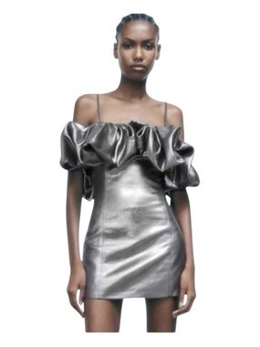 ZARA Voluminous Ruffle Silver Metallic Mini Dress, Spaghetti Straps, Siz…
